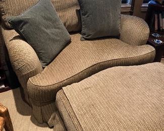 $700.   Custom chair + 1/2 and ottoman.  Robert Allen fabric.  Chair: 35H x 54W x 46D.  Ottoman: 16H x 44W x 30D.  ($4000 when new)  