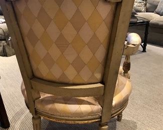 $700 each.   Scalamandre silk custom chairs.  34H x 24W x 23D.  Seat is 15H x 17D.  Note that these chairs are a lower height than usual.  ($4200 each when new)