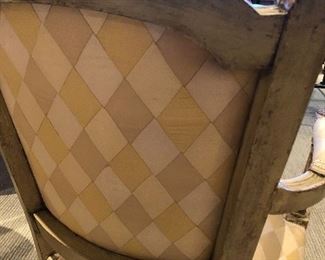 $700 each.   Scalamandre silk custom chairs.  34H x 24W x 23D.  Seat is 15H x 17D.  Note that these chairs are a lower height than usual.  ($4200 each when new)