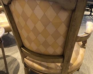 $700 each.   Scalamandre silk custom chairs.  34H x 24W x 23D.  Seat is 15H x 17D.  Note that these chairs are a lower height than usual.  ($4200 each when new)