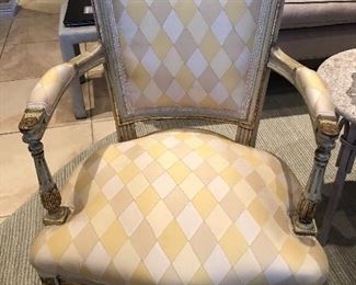 $700 each.   Scalamandre silk custom chairs.  34H x 24W x 23D.  Seat is 15H x 17D.  Note that these chairs are a lower height than usual.  ($4200 each when new)