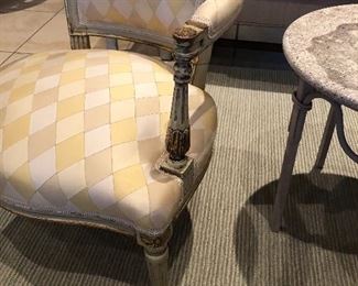 $700 each.   Scalamandre silk custom chairs.  34H x 24W x 23D.  Seat is 15H x 17D.  Note that these chairs are a lower height than usual.  ($4200 each when new)