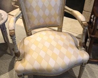 $700 each.   Scalamandre silk custom chairs.  34H x 24W x 23D.  Seat is 15H x 17D.  Note that these chairs are a lower height than usual.  ($4200 each when new)