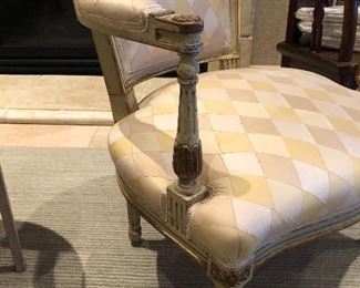 $700 each.   Scalamandre silk custom chairs.  34H x 24W x 23D.  Seat is 15H x 17D.  Note that these chairs are a lower height than usual.  ($4200 each when new)