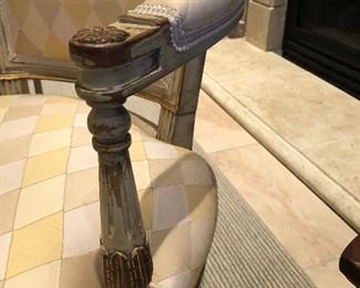 $700 each.   Scalamandre silk custom chairs.  34H x 24W x 23D.  Seat is 15H x 17D.  Note that these chairs are a lower height than usual.  ($4200 each when new)