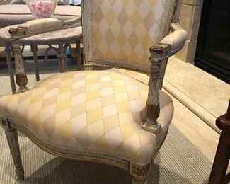 $700 each.   Scalamandre silk custom chairs.  34H x 24W x 23D.  Seat is 15H x 17D.  Note that these chairs are a lower height than usual.  ($4200 each when new)