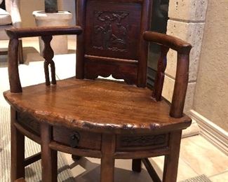 $600.  Very unique small wood chair purchased from Jenny’s Oriental Antiques. Has 1 small drawer on the bottom. 32H x 24W x 16D. Seat height is 15”. Pick up by November 12 in Seven Meadows in Katy. 