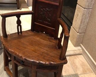 $600.  Very unique small wood chair purchased from Jenny’s Oriental Antiques. Has 1 small drawer on the bottom. 32H x 24W x 16D. Seat height is 15”. Pick up by November 12 in Seven Meadows in Katy. 