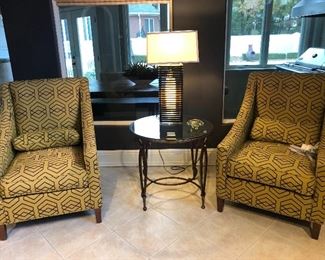 Pair custom chairs, brass and glass round table, (Lamp not for sale)