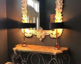 Iron and marble table, large ornate mirror, lamps not for sale 