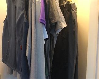 Men’s medium golf shirts and pants, carhart shirts