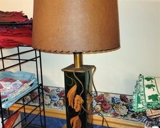 Gorgeous vintage hand painted deep green glass lamp with onion skin lamp