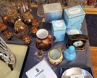 Crystal vases, Avon Bristol blue pieces, Ralph Lauren Wedgewood plaid clock, Waterford crystal bells, salt/pepper and more