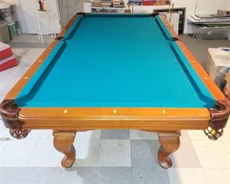 Gorgeous solid wood (house 8) Olhausen pool table with rack, balls, cues, cue rack.