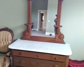 56. $425. Antique Marble Top Dresser with Wood Carved Mirror
(MB)