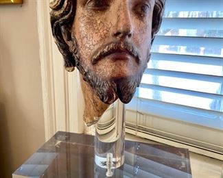 Venetian polychrome plaster study of a male head (possibly St. John the Baptist), on custom lucite stand, c. 1550