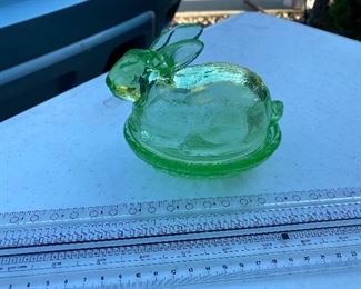 Green Glass Covered Rabbit Dish $8.00