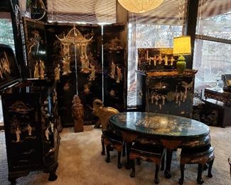 BEAUTIFUL ASIAN BLACK LACQUER- THICK INLAY.PEARL ETC. 2 BARS-WALL DIVIDER-SEATING TABLE & LONG COFFEE TABLE