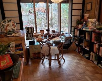 LEFT/ROLLING BUTCHER BLOCK-CENTER/ASIAN GLASS-TOP KITCHEN TABLE -RIGHT/BOOK =CASES & KITCHEN MISC.-COOKBOOKS ETC.