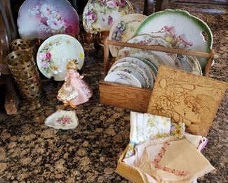PAINTED PLATES AND ANTIQUE.HANKIES