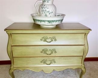 Vintage green 3 drawer chest, antique pitcher & bowl "Meadow Sweet", K & C