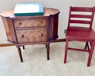 Antique Martha Washington sewing stand/chest, Hekman furniture Co., Grand Rapids, MI, red side chair