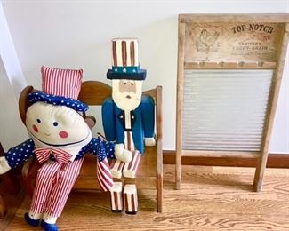 Wooden doll bench, vintage washboard w/ glass
