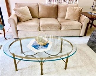 Sofa, glass top coffee table w/ metal base