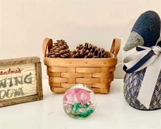 Grandma's sewing room plaque, Longaberger basket, hand stitched duck, flower paperweight