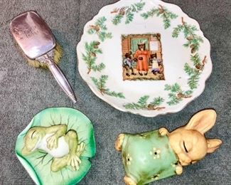 Sterline baby brush, vintage bear plates, misc. figurines