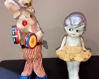 Vintage wind up bunny (works), Kewpie style bisque doll