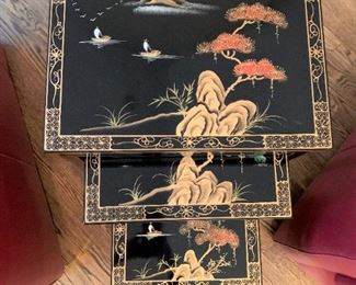 Black lacquer Chinoiserie nesting tables. Details and pricing will be available on November 19th after 6 p.m. at https://shop.mlestatesales.com