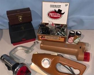 Lot of Fishing Equipment Pocket Fisherman Flashlights Reel Parts Location Garage Shelf B