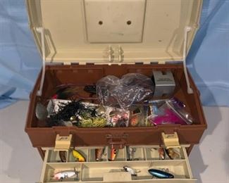 Brown Plano 757 Tackle Box Full of Fishing Lures Location Garage Shelf B