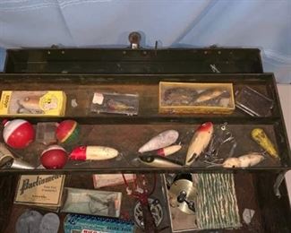 Green Metal Box Full of Fishing Lures Location Garage Shelf B