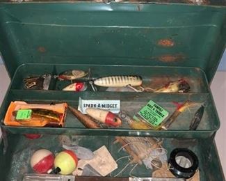 Green Metal Tackle Box Full of Fishing Lures Location Garage Shelf B