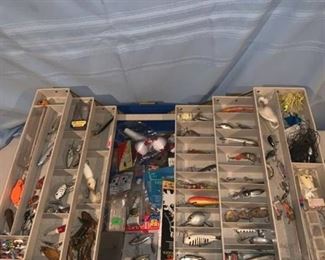 Brown Tackle Box Full of Fishing Lures Location Garage Shelf B
