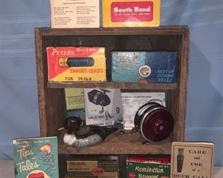 Wood Hunting and Fishing Display Shelf With Contents Location 1B