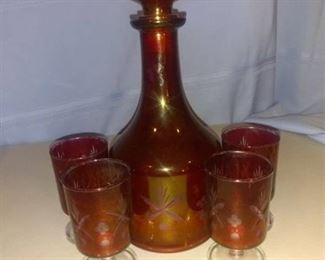 Antique Cranberry Etched 4 Glass And Decanter Set