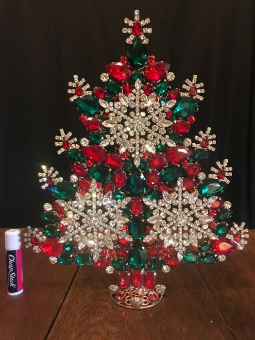 Red, green, and clear crystals...snowflake pattern.  11" tall.  $495