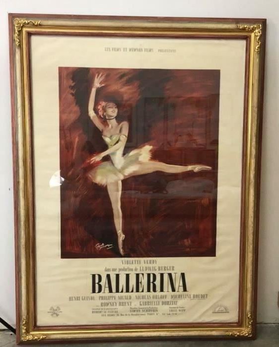Framed 1950 French Movie Poster "Ballerina", Lux Films et Memnon Films presentment Violette Verdy dans une production de Ludgwig Berger Ballerina. Frame Size 55" x 73".
