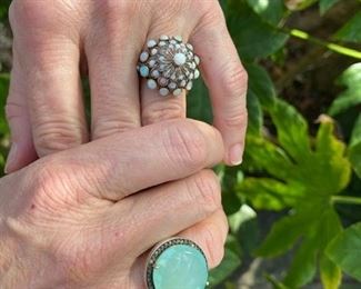 8. Left: 10 kt gold Opal domed cocktail ring Size 5 1/2.   $150  SOLD    9.  Right:  Chaceldony ring on sterling. Size 7 $395