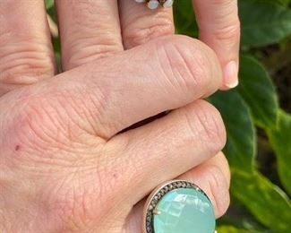 8. Left: 10 kt gold Opal domed cocktail ring Size 5 1/2.   $150    SOLD   9. Right:  Chaceldvony ring on sterling. Size 7 $350