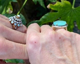 8. Left: 10 kt gold Opal domed cocktail ring Size 5 1/2.   $150    SOLD    9. Right:  Chaceldony ring on sterling. Size 7 $395