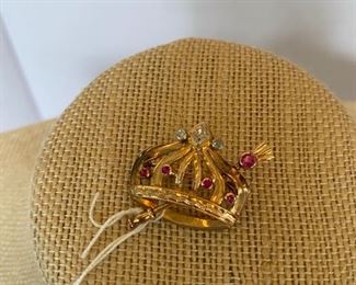 38/ $250 - $14kt gold mardi gras pin of crown with small precious stones and diamonds 0.150 oz