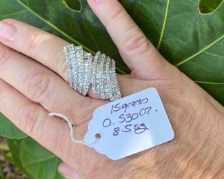 79. $950 - Large 14kt white gold ring with 8 row of diamonds SZ 8.5  - 0.530 oz or 15 grams