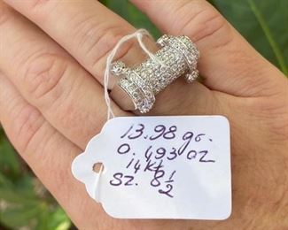 80. $850- 14kt white gold with pave diamonds with movement 0.493 oz or 13.98 grams - sz 8.5