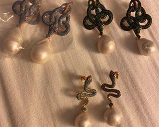 85. Baroque pearls pendant earrings Lge pairs $150, Green are SOLD smaller $140. The Small snakes bottom are SOLD 