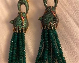 #86. $160 Lion faces pair of emerald green earrings with beads