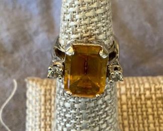 89. $450 - 14kt white gold with 2 diamonds and citrine c.1940's